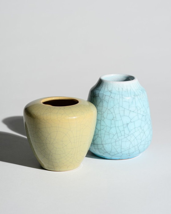 Image 1 of German Art Deco Crackle Glaze Ceramic Vase Duo Fürst Adolf Werkstätten Bückeburg