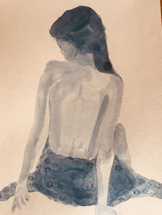 Image 1 of Indigo blue watercolor painting of a woman from behind, wearing a fouta towel, in a hammam.
