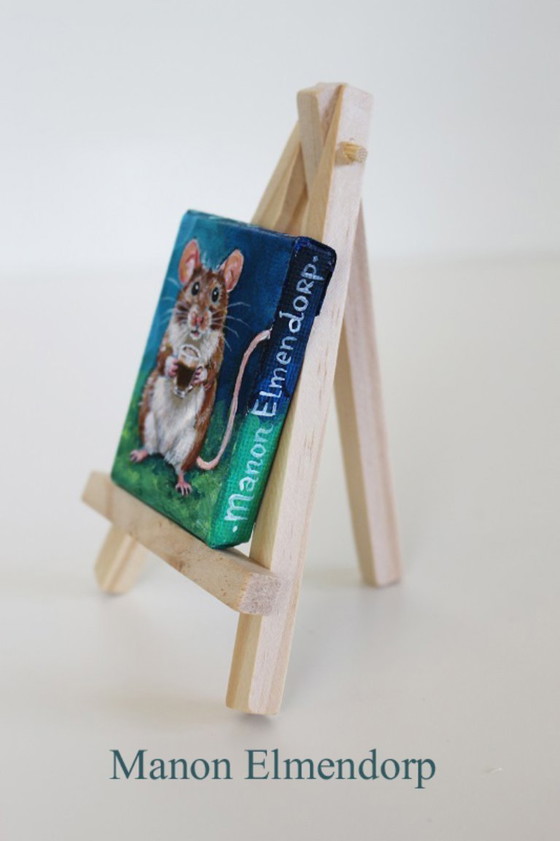 Image 1 of Hand-painted Little Mouse with Cup of Coffee 6x4 cm