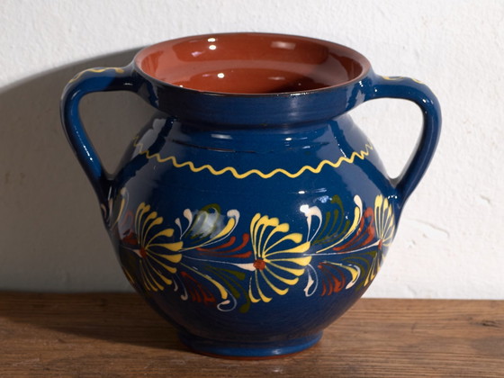 Pot vintage en céramique émaillée à deux anses, Europe Centrale, circa 1950, Vaisselle, Jaune (photo 5 sur 7)