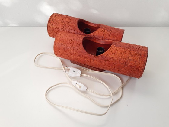 Image 1 of Keramieken vintage wandlamp met twee cilinders, chamotte klei, oranje brutalist aardewerken mcm lamp