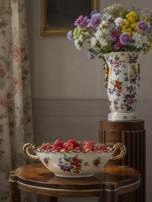 Boch Frères Keramis Art Deco Bowl – “Bouquet de Saxe” Decor, Belgium, 1930s