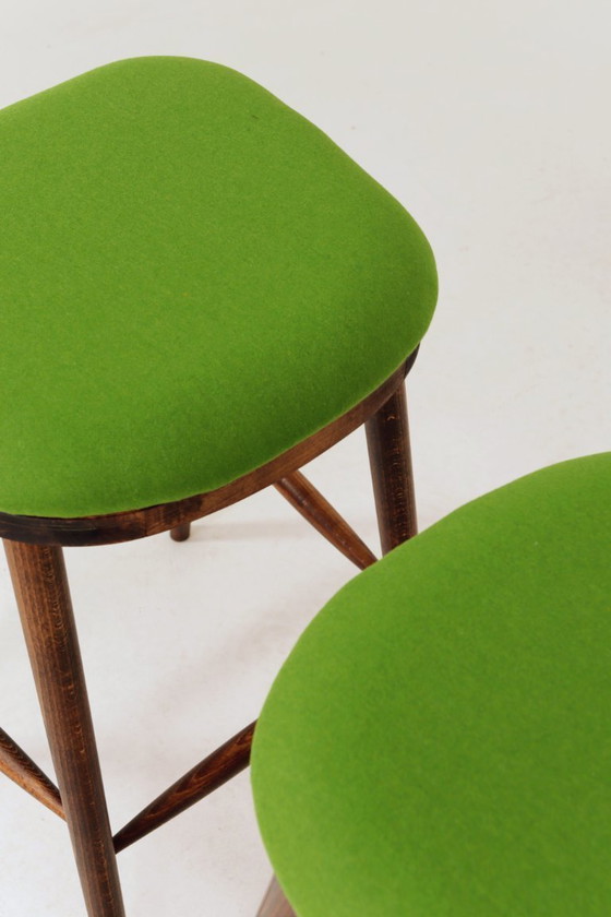 Image 1 of Beech Wood Bar Stools – Green Recycled Wool Upholstery, Rustic Mid-Century Style