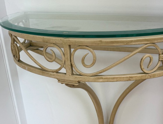 Console tafel, beige metaal en glas, Vintage (foto 2 van 5)