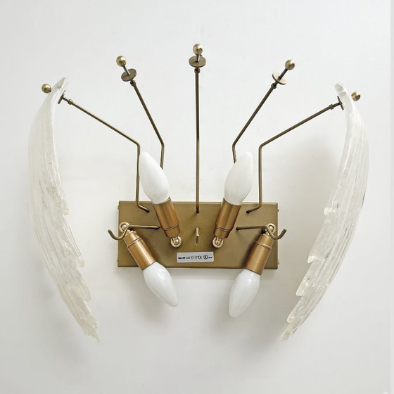 Image 1 of Italian Art Deco Style Murano Glass and Brass Leaf Wall Sconces, Pair