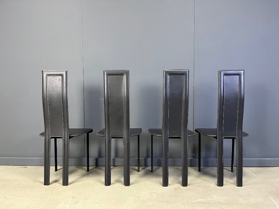 Image 1 of Chaises de salle à manger vintage en cuir noir, lot de 4, années 1980