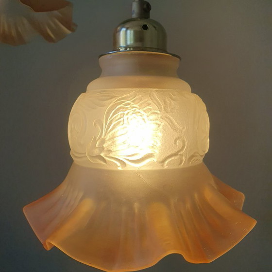 Image 1 of Set di lampade a sospensione antiche in vetro. Forma floreale/a fiore in vetro satinato.
