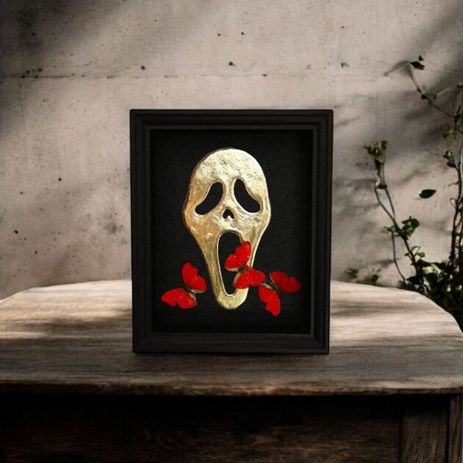 23ct Gold Gilded Artwork Scream Mask With Real Mounted Butterflies in Frame Limited Edition