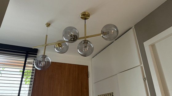 Image 1 of Brass & Smoked-Glass Multi-Globe Pendant Light