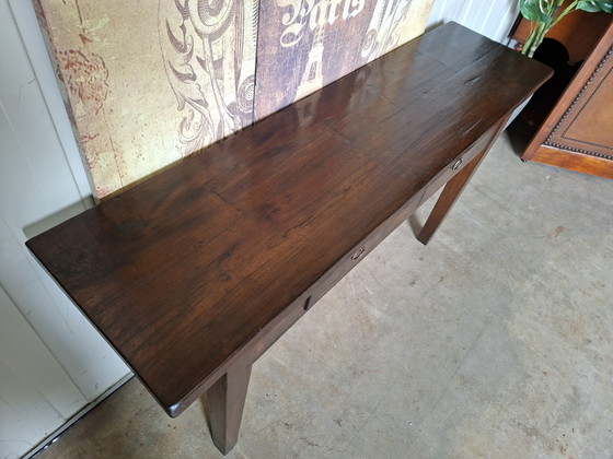 Robuuste teakhouten sidetable, haltafel, console afm. 145x38cm en 79cm hoog. – Wood (photo 4 of 5)