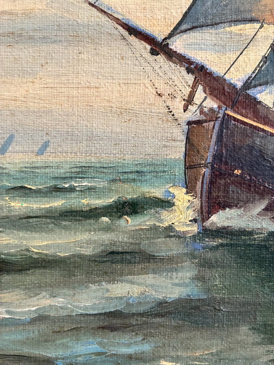 Dipinto a olio vintage firmato, veliero, paesaggio marino – Dipinti e disegni, Canvas (photo 6 of 13)