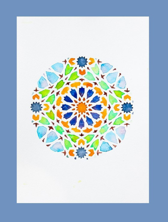 Image 1 of Acuarela original azulejo mozárabe. Cuadro azulejo árabe. Pintura geométrica. Acuarela con motivo geométrico. Nueva.