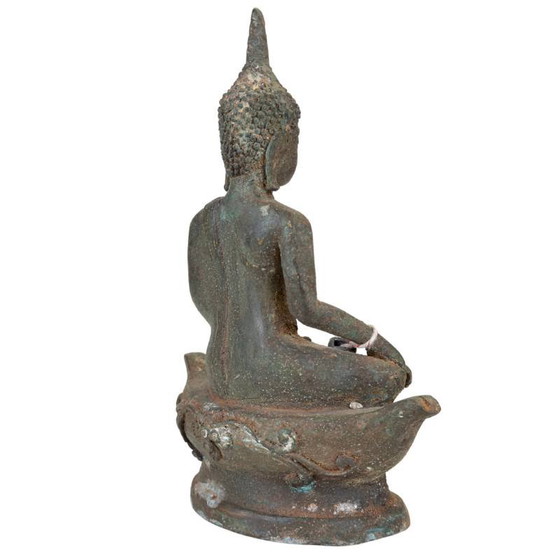 Antieke Thaise Bronzen Boeddha op Lotusvoet – Diepe Patina – Originele Kernvulling – Exportlabel (photo 4 of 14)