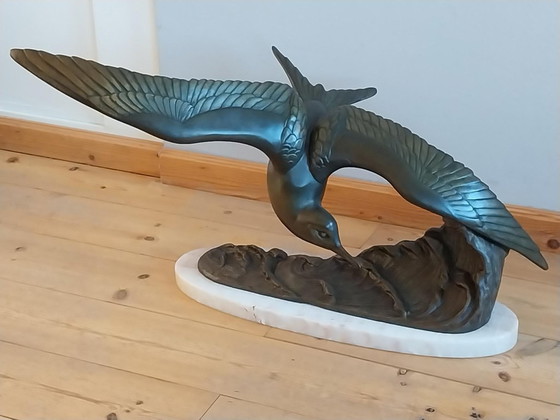 Large Art Deco Sculpture Rochard Seagull Zamak on Marble, polished steel, Brown (photo 12 of 13)