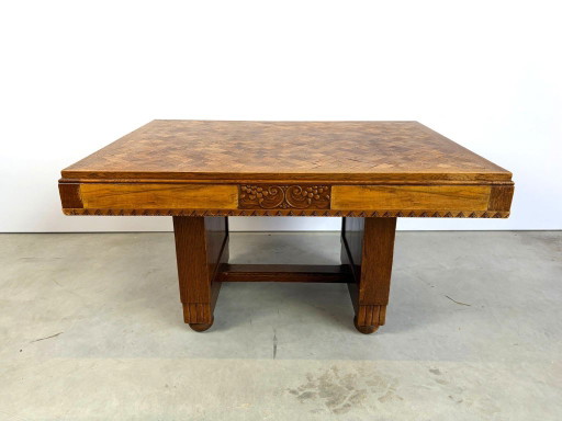Table de salle à manger en marqueterie de chêne, années 1940 - France – eettafels, Wood