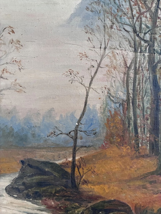 Image 1 of Peinture à l'huile originale ancienne représentant un paysage forestier, vers 1910