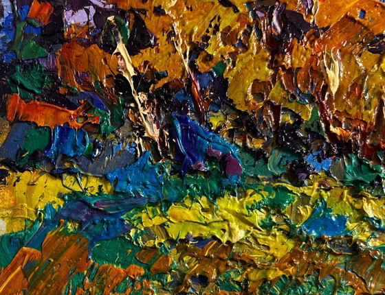 Image 1 of Original Oil Painting Evening Church Landscape Autumn breeze in the forest