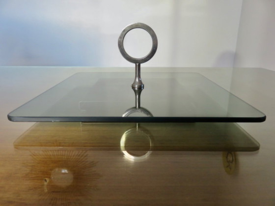 Image 1 of Drehbarer Servierteller im modernistischen Stil aus Rauchglas und versilbertem Metall, 1970er/80er Jahre
