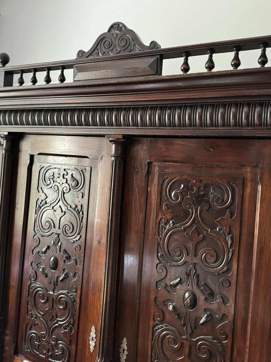 Antique Style Baroque Revival Carved Oak Wardrobe (photo 5 of 6)