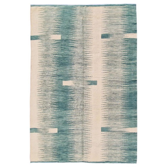 Handgeweven wollen kilimtapijt | Modern zwart-wit ikatdesign | Hedendaags platgeweven (246 x 173 cm) (photo 13 of 14)