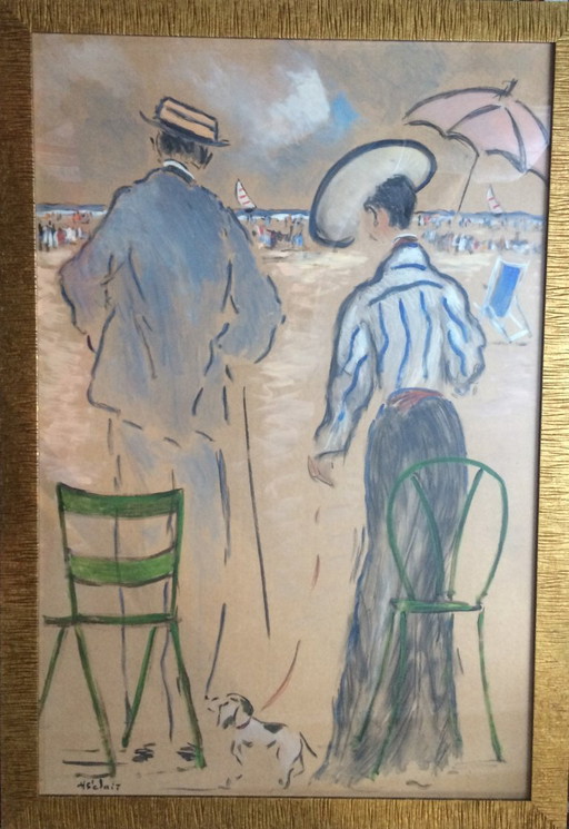 Tableau D'Henry Saint-Clair (1899-1990) "Couple élégant au petit chien"