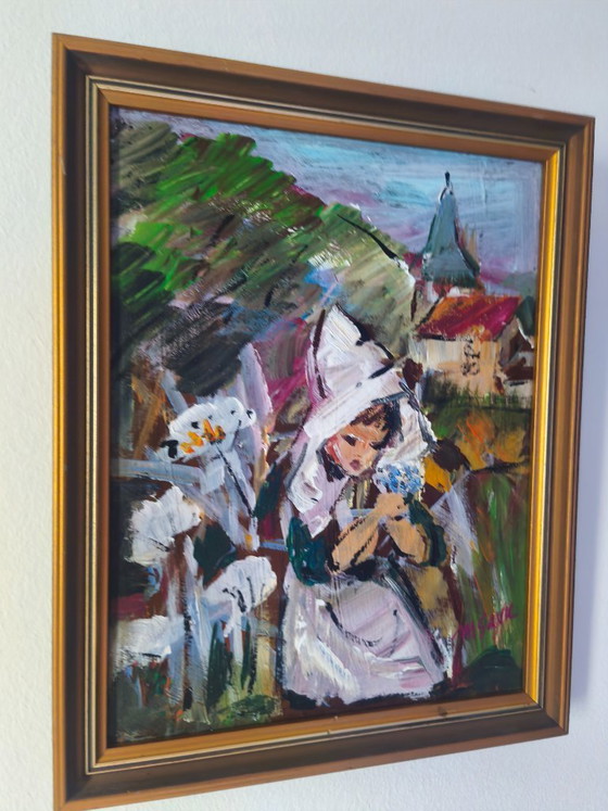 Image 1 of Original Signed Oil Painting Vintage Expressionist Woman Folk Art Framed