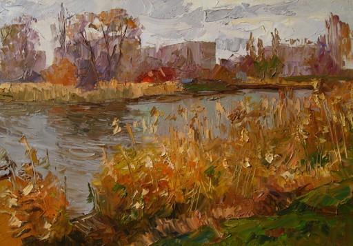 Origineel Olieverfschilderij Natuurlandschap Stadsrand Herfstrivier