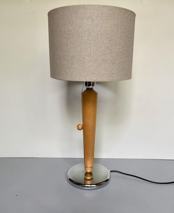 Image 1 of Vintage lamp with wooden and chrome base and fabric shade