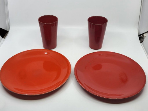 Rotes Keramik-Set von Robert Picault für Vallauris, Frankreich, 1950, 4er-Set