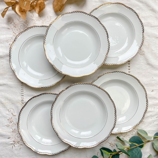 6 Platos Hondos de Porcelana Francesa Vintage Blancos y Dorados SPF – Patrones Geométricos