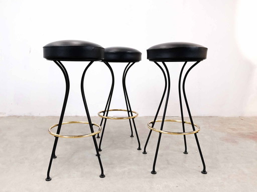 MBM French Set di 3 sgabelli da bar 1950 Midcentury in ottone e vinile
