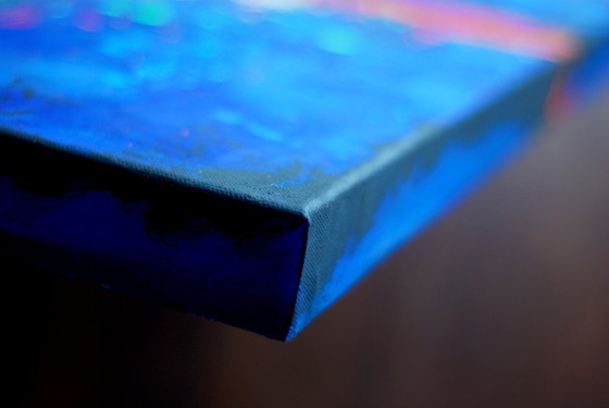 Image 1 of Abstract blue and red colors acrylic painting on stretched canvas