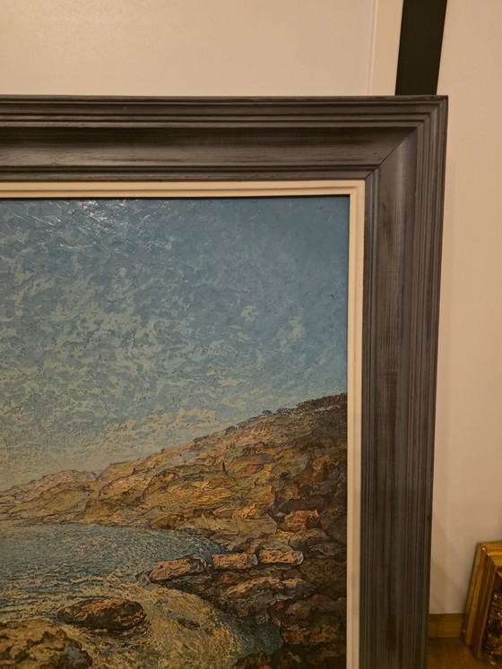 Paesaggio costiero mediterraneo suggestivo, J. Keustermans (1967), Arte, Legno, Tela, Blu (foto 6 di 15)