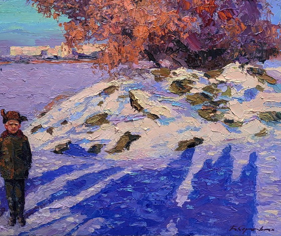 Original Oil Painting Winter Landscape City Outskirts Ice on the River – Paintings & Drawings, Canvas (photo 7 of 7)