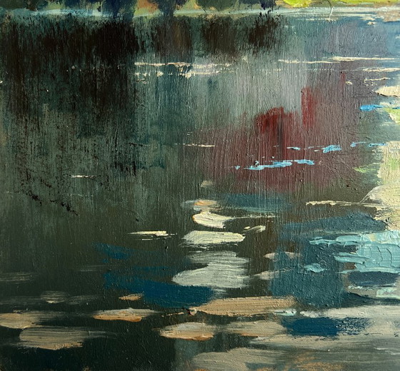 Image 1 of Original Oil Painting Evening River Landscape Love and the reflection of the sun