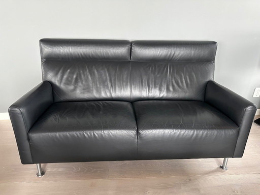Leolux (set) 2 seater sofa, 2x armchair and hocker black leather