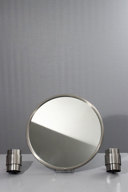 Vintage modernistische Art Deco spiegel en wandlampen, vernikkeld staal, jaren 1950
