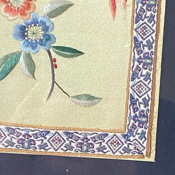 Image 1 of Antique Silk Embroidery Painting of a Bird and Flowers