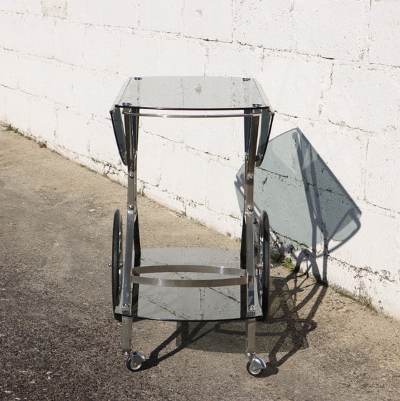 Image 1 of French Mid-Century Smoked Glass and Chrome Bar Trolley-Drop Leaf Bar Cart-Vintage Two Tier Dessert-Bar Trolley-60s