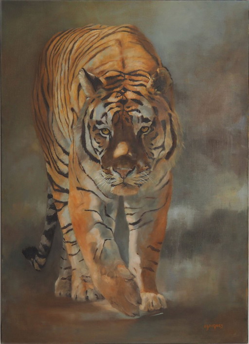 Tigre marchant vers le spectateur Huile sur toile