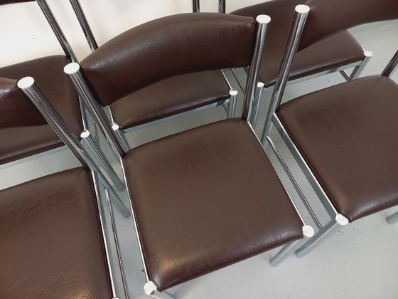 Image 1 of Set di 6 sedie vintage anni '70 in metallo cromato e similpelle marrone