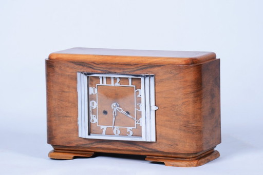 Orologio da Tavolo Art Déco Originale, Noce, Cromo, Vetro, Ripulito, Ceco, Anni '20