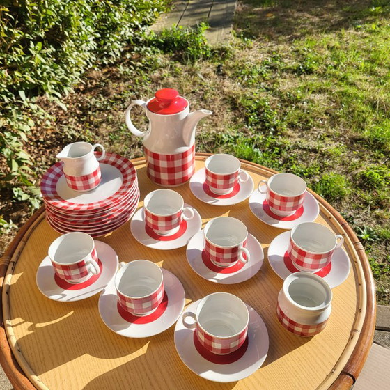 Vichy red and white checkered coffee/tea set, 1960-70, KRONESTER BAVARIA, Crockery, Porcelain, Vintage (photo 3 of 15)