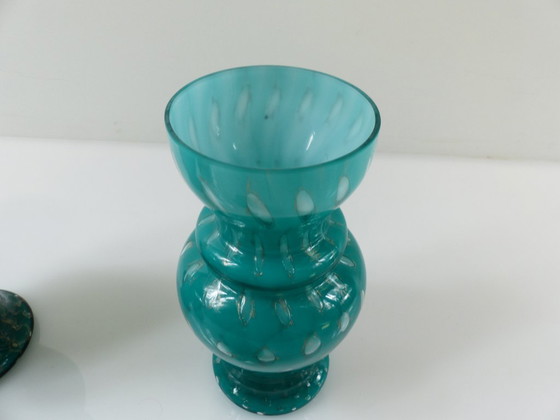Pair of Covered Turquoise and Aventurine Glass Jars, Murano – 20th Century – Decorative Objects (photo 6 of 13)