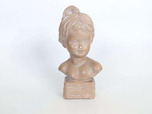 Vintage Young Girl Bust on Pedestal, After Salvatore Melani, Glazed Plaster Terracotta Patina, Signed
