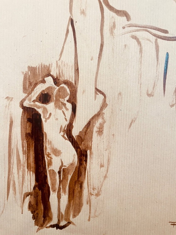 Image 1 of Painting with 2 preparatory sketches, female portrait "coming out of the bath"