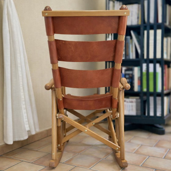 Image 1 of Handcrafted folding rocking chair made of solid wood and natural leather