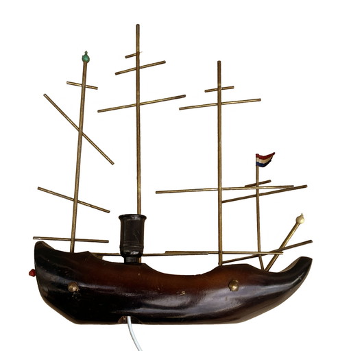 Wooden Ship-Shaped Table Night Lamp, Netherlands, 1960s