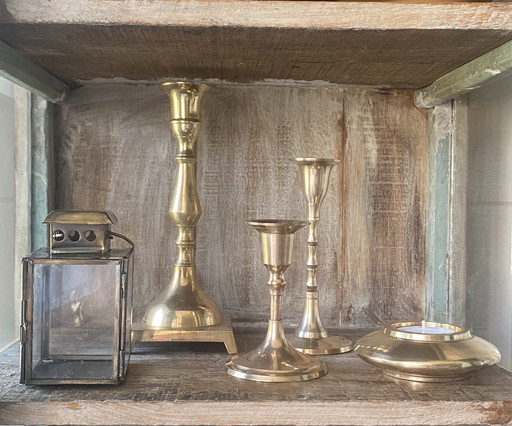 3 Vintage Brass Candlesticks and 2 Brass Tealight Holders