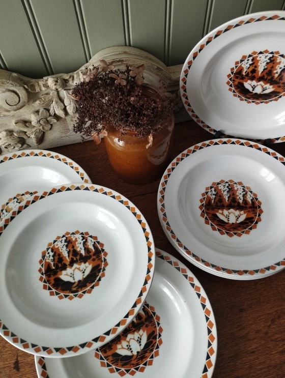 Image 1 of Art Deco aardewerken soepborden van Hamage & MDL "Waterlelie"